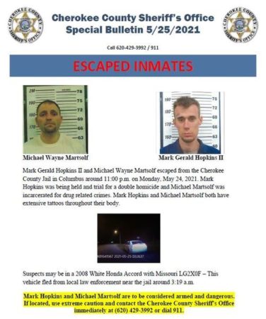 Cherokee County Sheriff’s Office seeking two escaped inmates