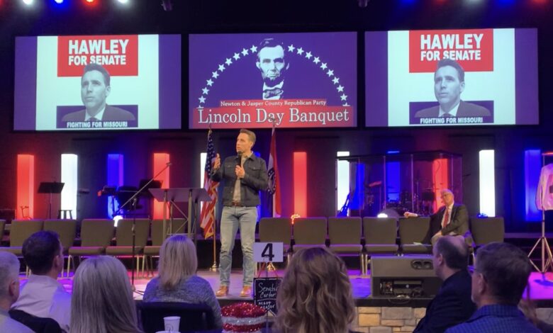 Missouri US Senator Josh Hawley speaks at the Newton-Jasper Lincoln Day event in Joplin, Missouri