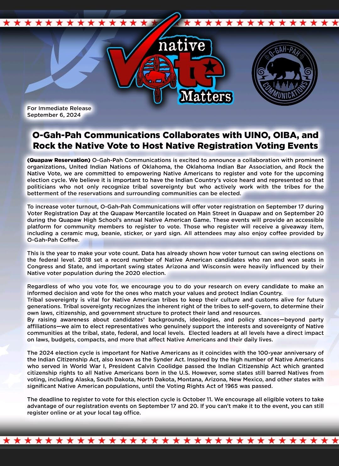 09 17 24 Native Vote Matters Press Release