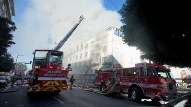 Photo of Los Angeles’s Morrison Hotel, made famous by The Doors, damaged by fire